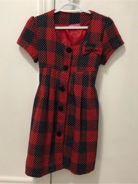 Preowned Red & Black Polka Dot Plaid Short Sleeve Women’s Dress Button Small